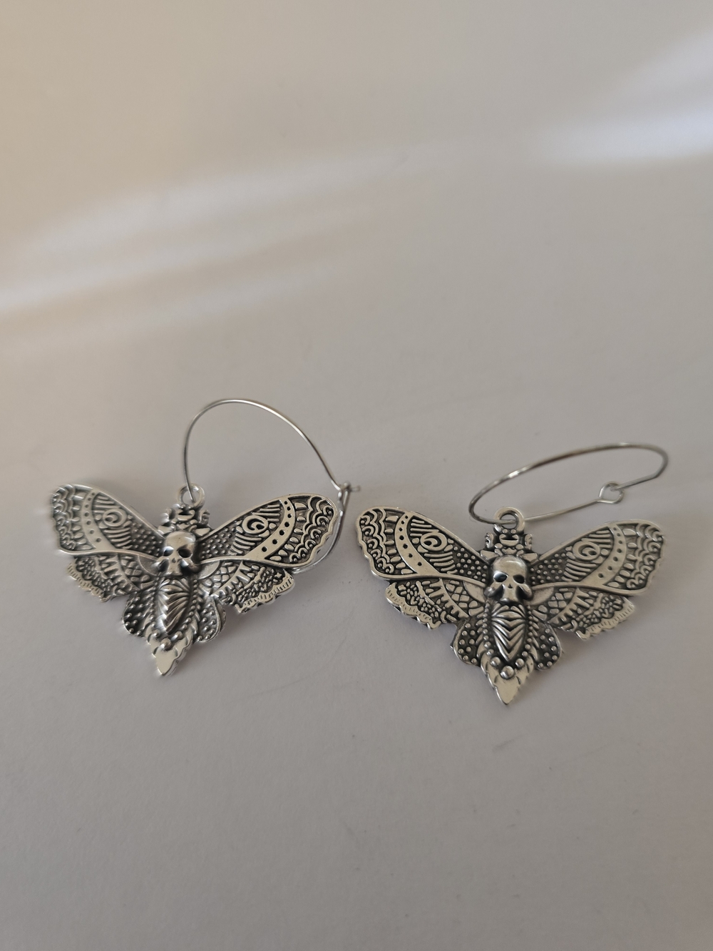 Sterling-Style Skull Moth Hoop Earrings - Silver Tone